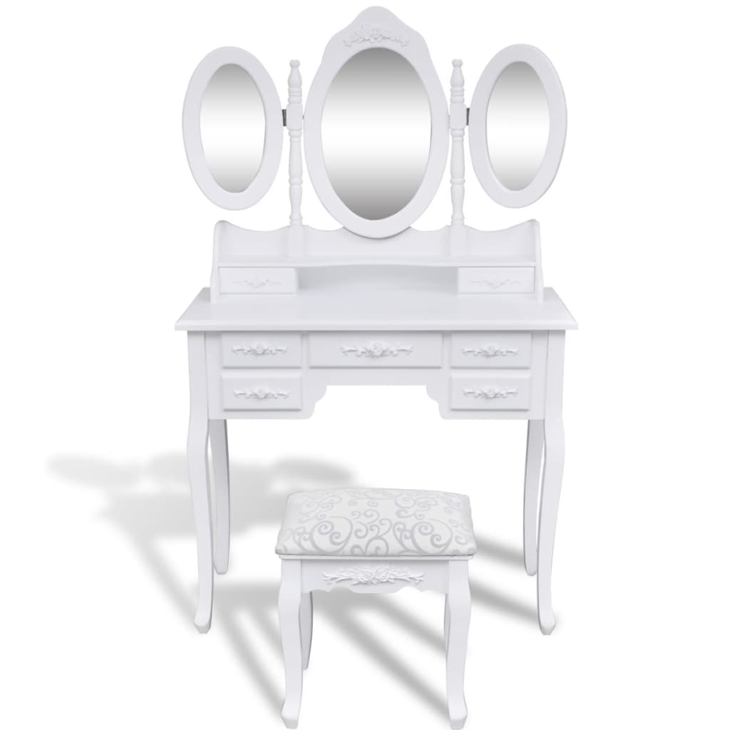 vidaXL Тоалетка с табуретка и 3 огледала, бяла