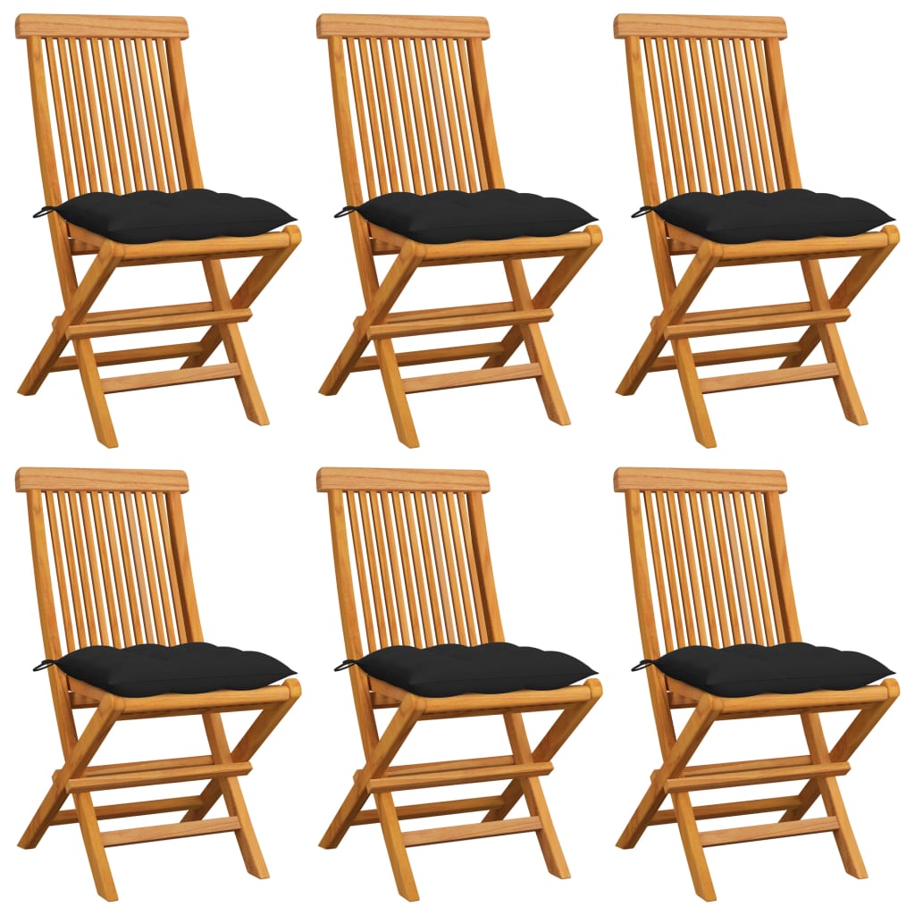 vidaXL Градински столове с черни възглавници 6 бр тиково дърво масив