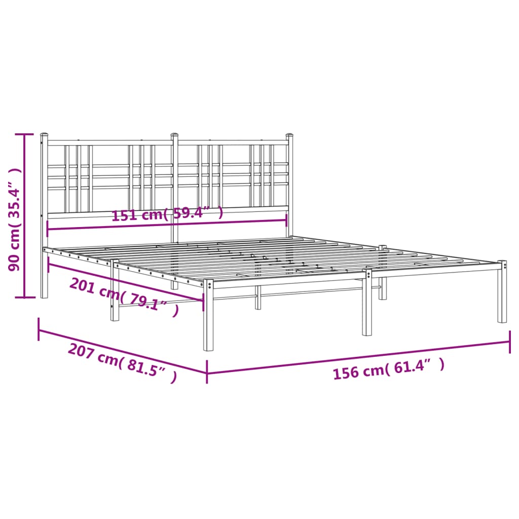 vidaXL Метална рамка за легло с горна табла, черна, 150x200 см