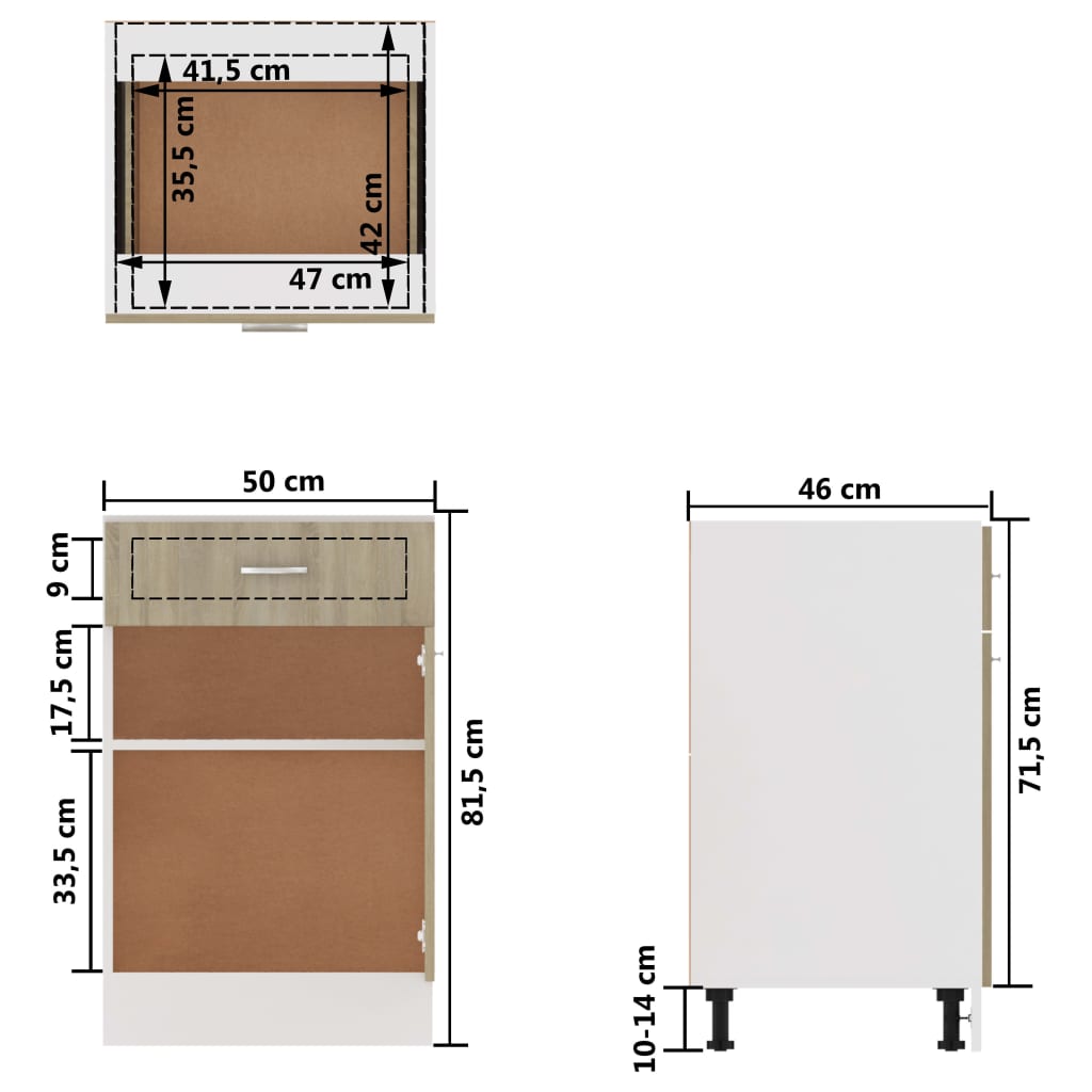 vidaXL Долен шкаф с чекмедже, дъб сонома, 50x46x81,5 см, ПДЧ
