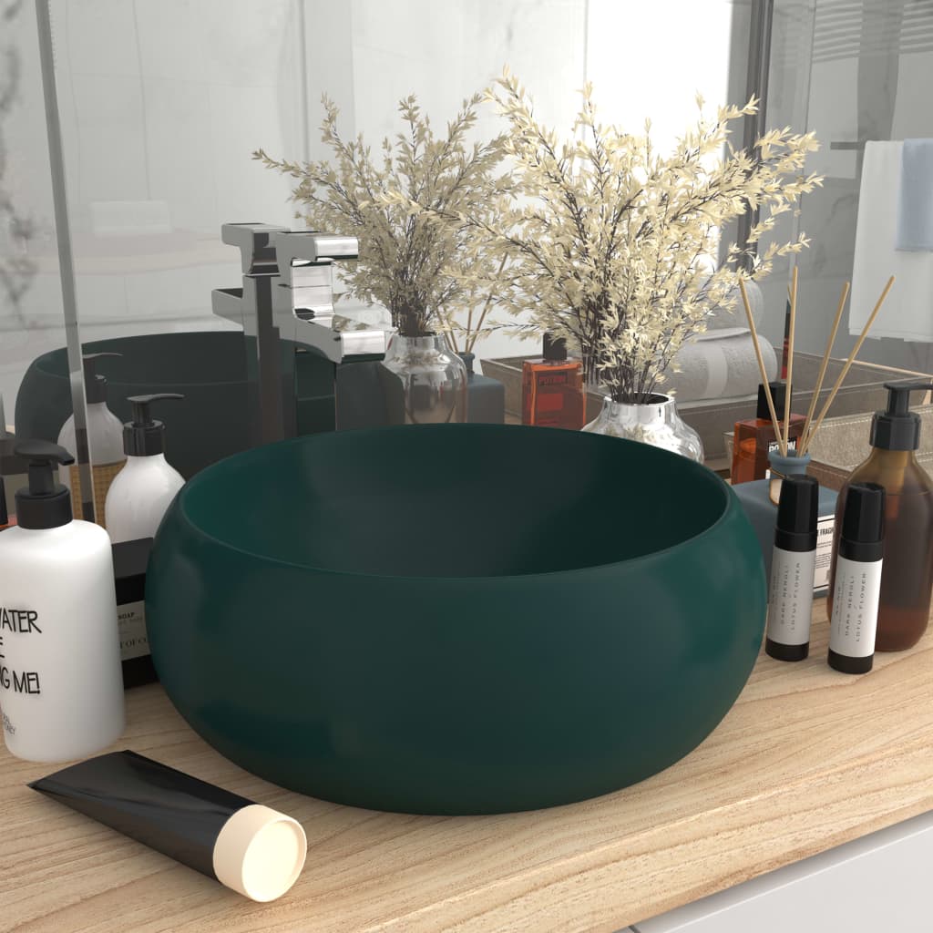 vidaXL Луксозна кръгла мивка, матово тъмнозелена, 40x15 см, керамика