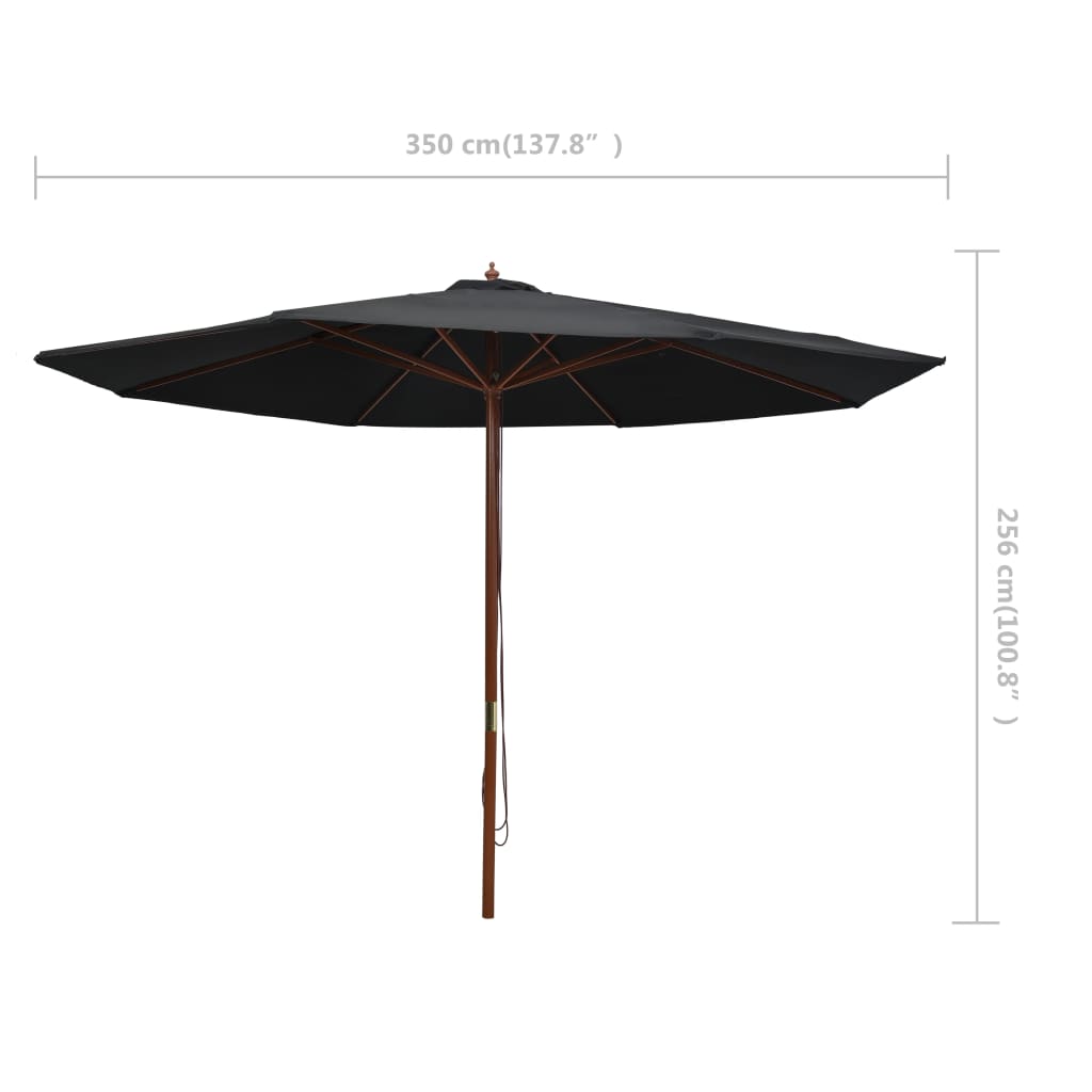 vidaXL Градински чадър с дървен прът, 350 см, черен
