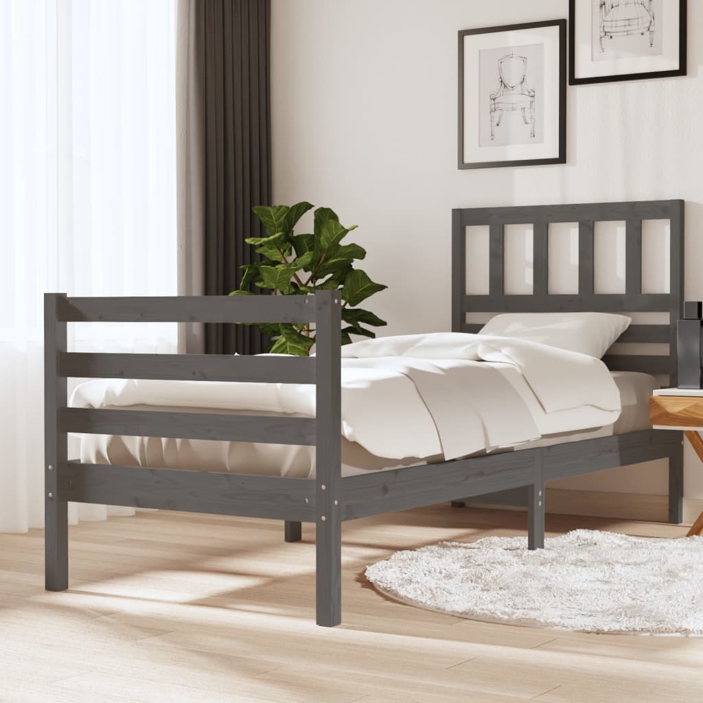 vidaXL Рамка за легло, сива, масивно дърво, 90х200 см