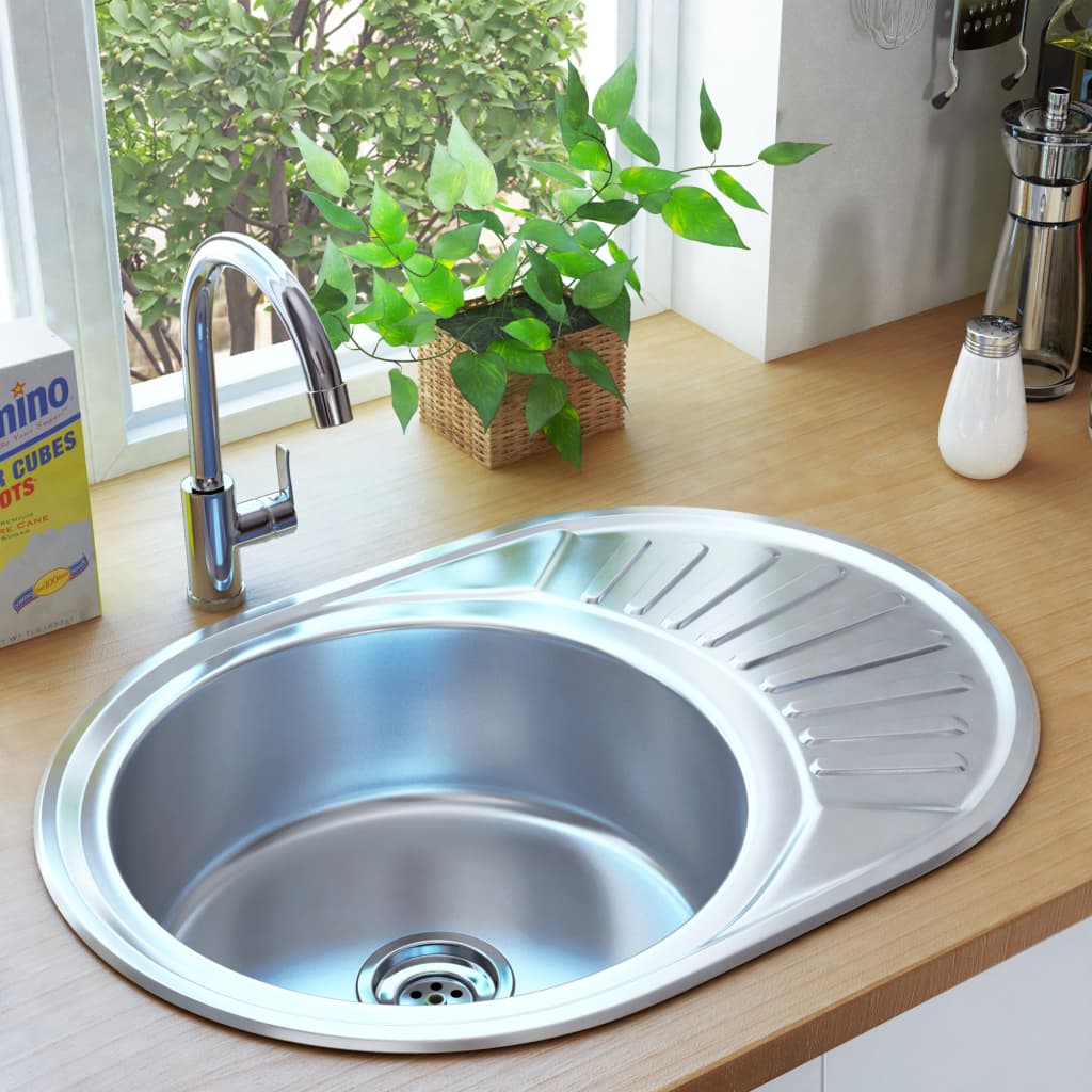 vidaXL Кухненска мивка с цедка и сифон, овална, неръждаема стомана