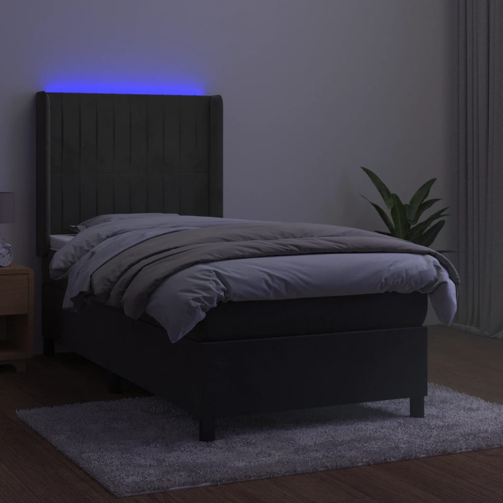 vidaXL Боксспринг легло с матрак и LED, тъмносиво, 90x200 см, кадифе