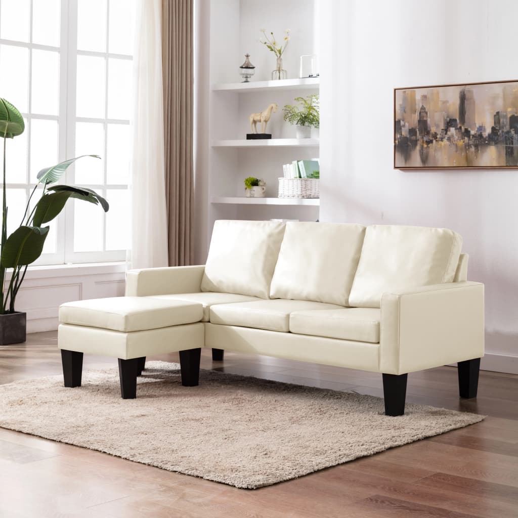 vidaXL 3-местен диван с поставка за крака, кремав, изкуствена кожа