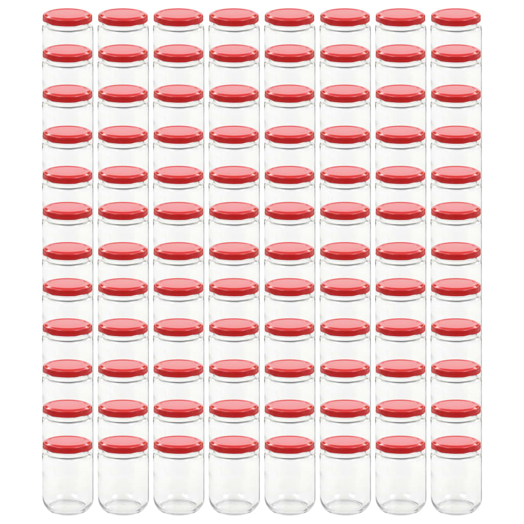 vidaXL Стъклени буркани за сладко с червени капачки, 96 бр, 230 мл