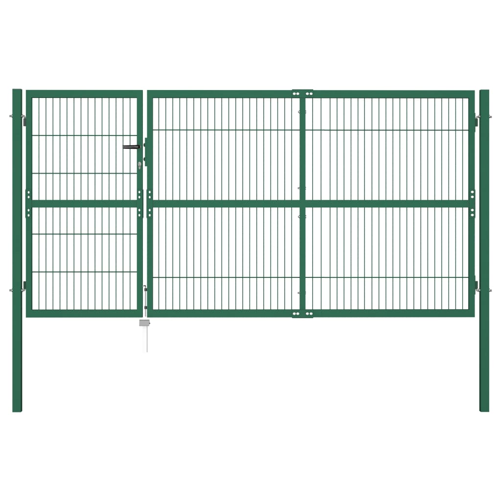 vidaXL Градинска оградна порта със стълбове 350x140 см стомана зелена