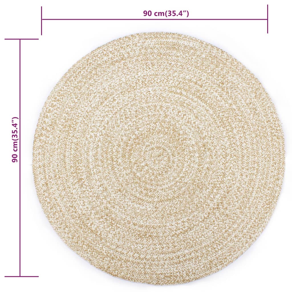 vidaXL Ръчно тъкан килим от юта, бял и естествен цвят, 90 см