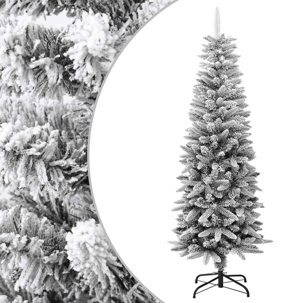 vidaXL Изкуствена тънка коледна елха с флокиран сняг, 150 см, PVC и PE