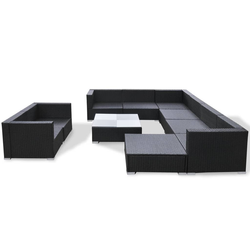 vidaXL Градински комплект с възглавници, 10 части, черен полиратан