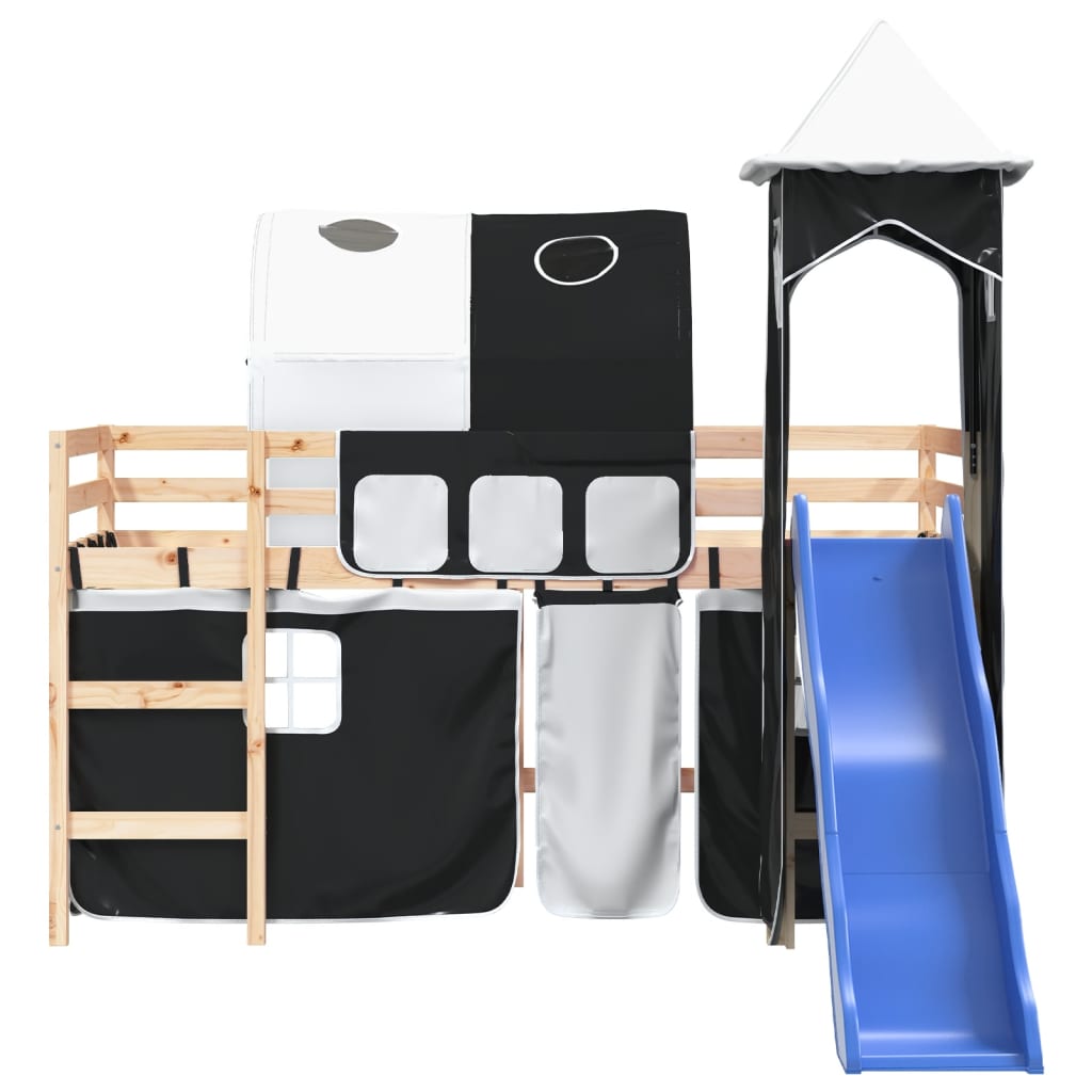 vidaXL Детско високо легло с кула, бяло и черно, 80x200 см, бор масив
