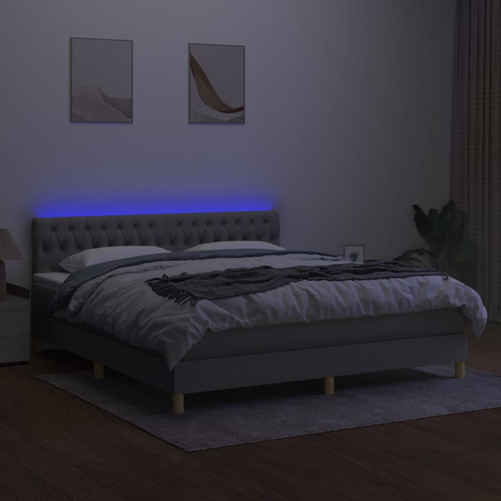 vidaXL Боксспринг легло с матрак и LED, светлосиво, 180x200 см, плат