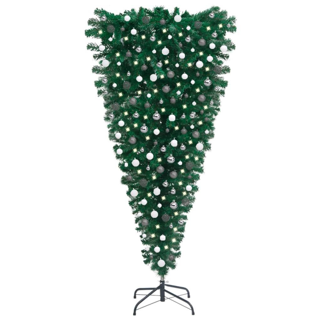 vidaXL Обърната изкуствена осветена коледна елха, с топки, 240 см