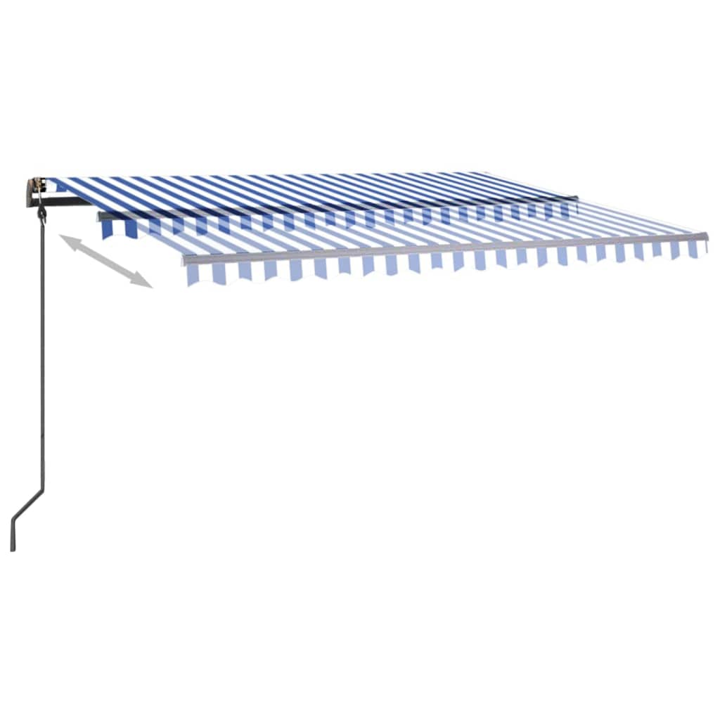vidaXL Ръчно прибиращ се сенник с LED, 4,5x3 м, синьо и бяло