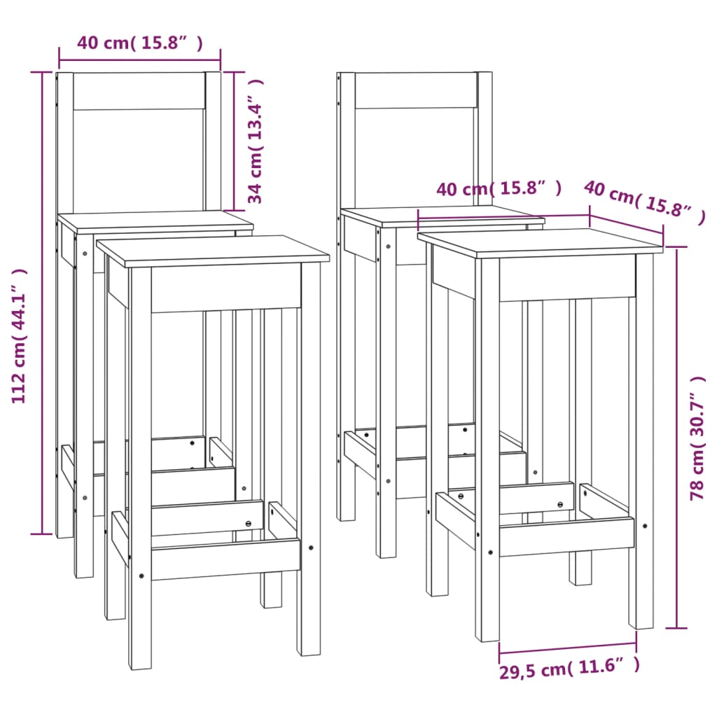 vidaXL Комплект бар столове от 4 части черен масивна борова дървесина