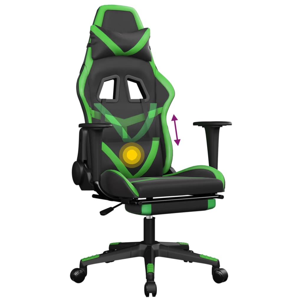 vidaXL Масажен гейминг стол с подложка черно и зелено изкуствена кожа