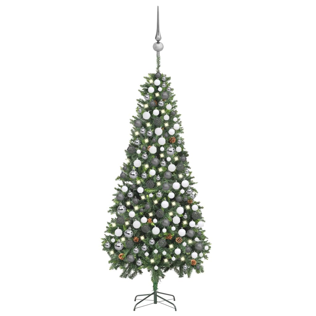 vidaXL Изкуствена осветена коледна елха с топки и шишарки 210 см