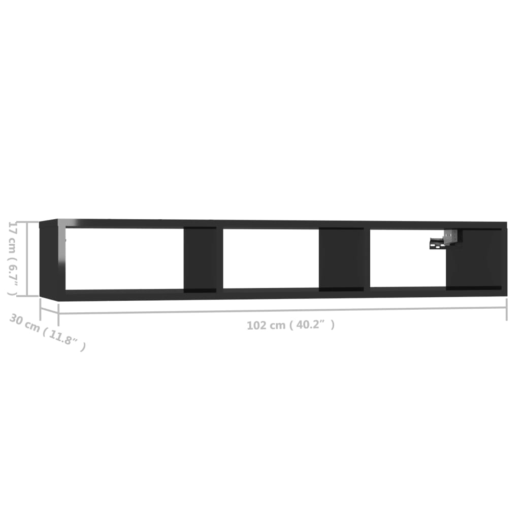 vidaXL Стенен рафт, черен гланц, 102x30x17 см, ПДЧ